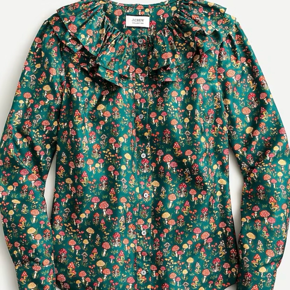 J Crew Collection Green Silk Blouse with Ruffled Color